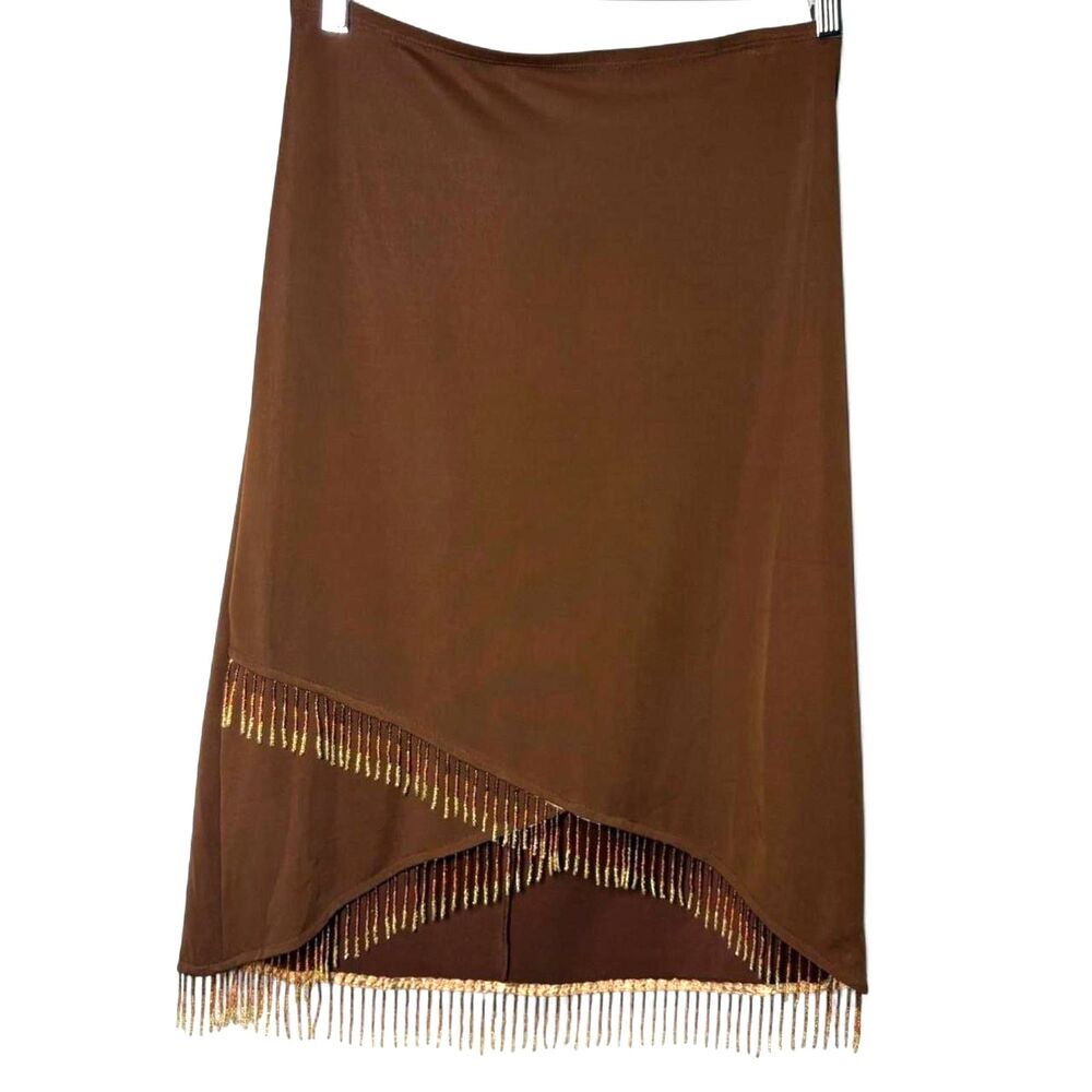 Y2K XOXO Brown Beaded Fringe Bodycon Skirt Asymmetrical Hem size Large
